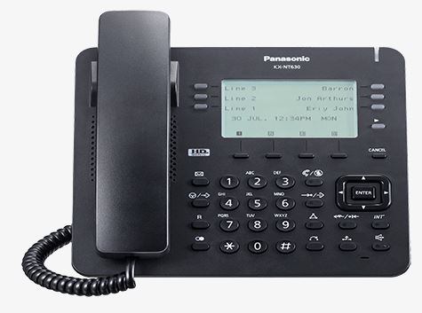 Teléfono IP-PT Propietario, Pantalla LCD 6 lineas retroiluminada, 6X4 botones CO flexibles, 2 puertos Ethernet Gb, PoE. Solo IP-PBX NS/NSX. Color negro. Mod. KX-NT630X-B